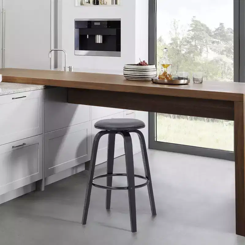30" Backless Swivel Faux Leather Wood Counter Height Barstool Gray/Black: Round Seat, Footrest, Fixed Height