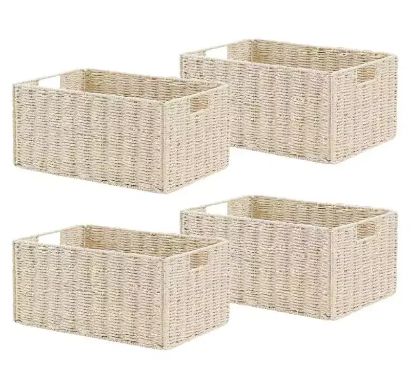 4-Piece Foldable Storage Baskets Set, Handwoven Paper Rope Organizer Bins with Handles for Home Shelves Pantry Kitchen Bathroom Living Room