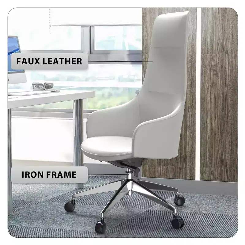 LeisureMod Celeste High-Back Leather Office Chair with Headrest - Modern Iron Frame Swivel & Tilt Executive Desk Chair