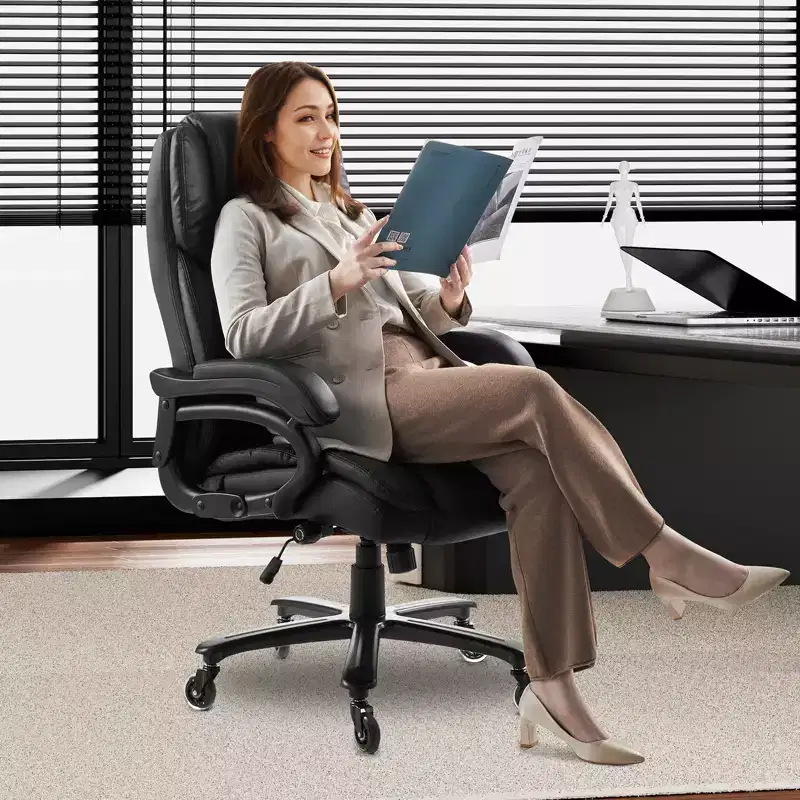 VEVOR Executive Office Chair with Knob-Control Lumbar Support, 500lb Capacity Office Chair, Height Adjustable PU Leather Reclining Desk Chairs, Black