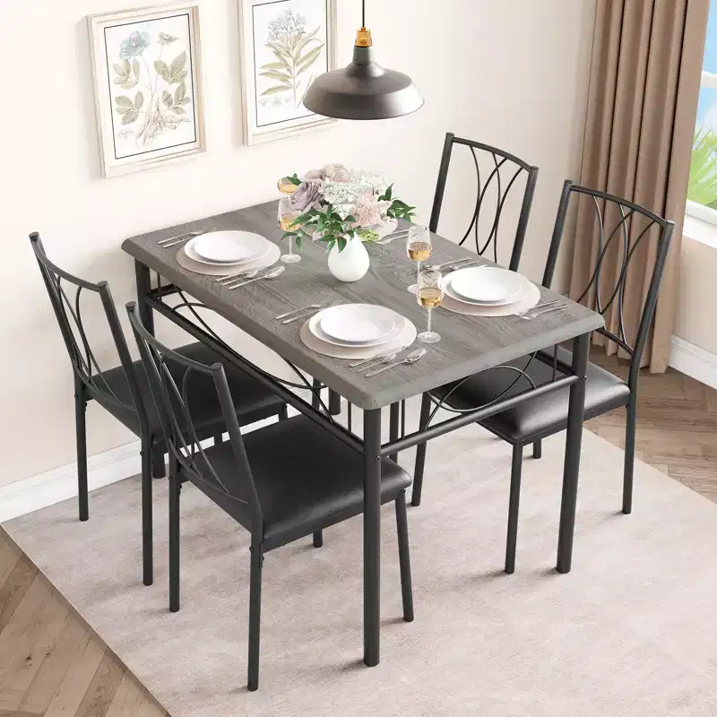5-Piece Modern Dining Table Set, Small Space Table & 4 Chairs, Metal Frame, Retro/Gray