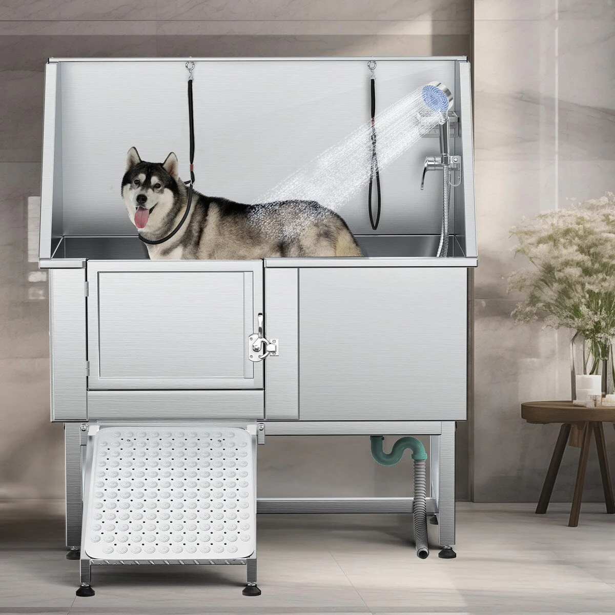 50'' W Stainless Steel Adjustable Pet Grooming Tub with Steps Ramp