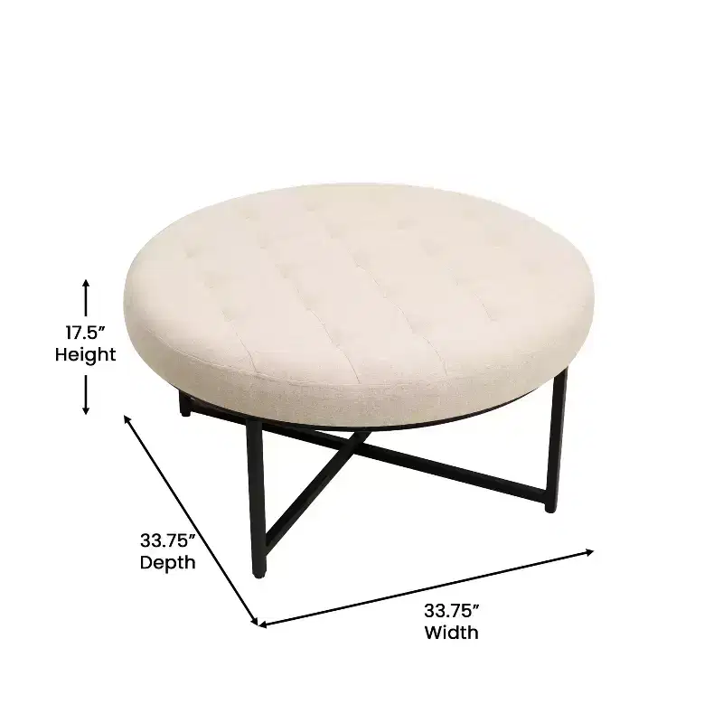 34 Round Cotton Linen Tufted Ottoman with Metal Frame