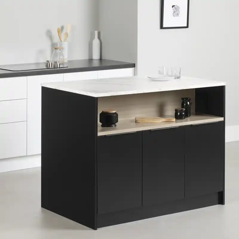 Kitchen Island With Open Storage Shelf - Matte Black And Faux White Marble