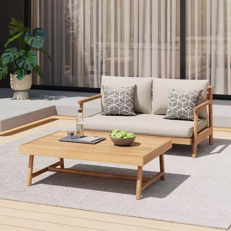 Christopher Knight Home Shane Rustic Outdoor Acacia Wood Upholstered Loveseat and Coffee Table Set