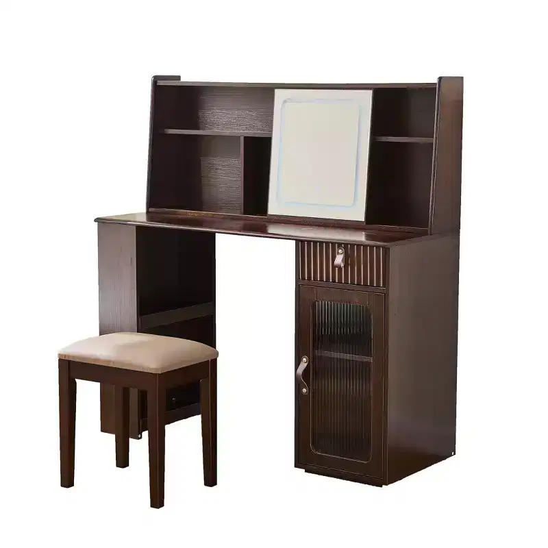 Makeup Vanity with Sliding Mirror & 3 Color Lights, Walnut Finish Vanity Desk with Display Shelf, Drawer & Cabinet