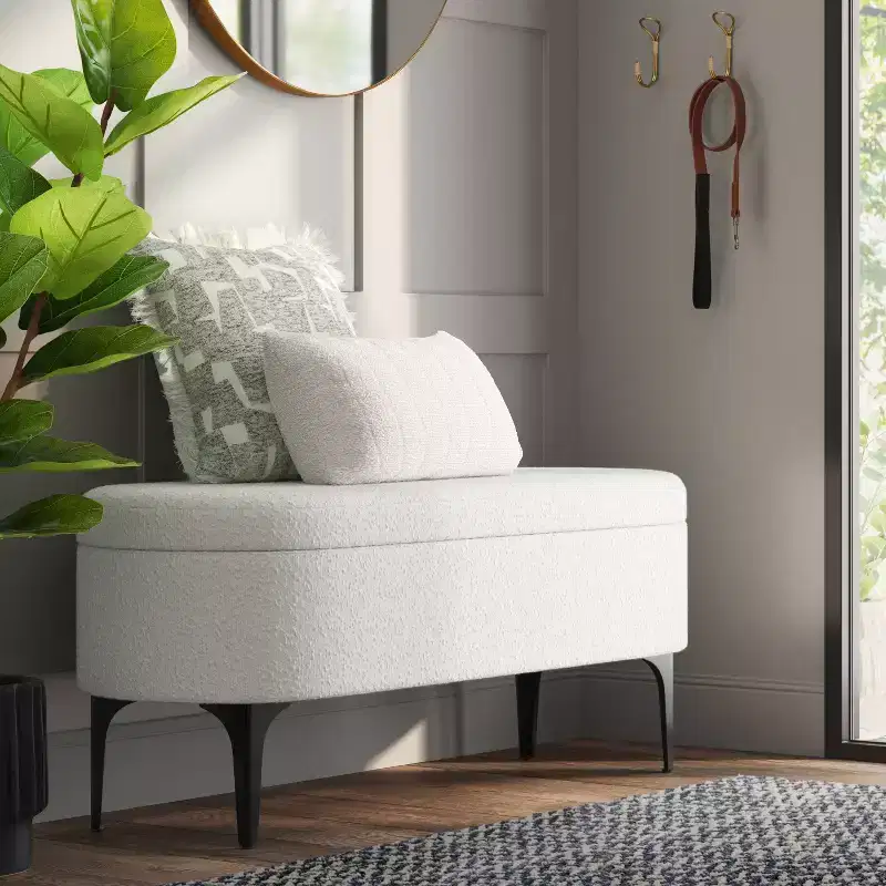 Cream Boucle Storage Bench with Metal Legs, Oval Armless Design