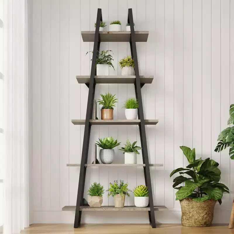 5-Tier A-Shaped Bookshelf, A-Shaped Bookcase Industrial Ladder Shelf Open Display Shelves with Metal Frame, Plant Stand Shelf Living Room, Office