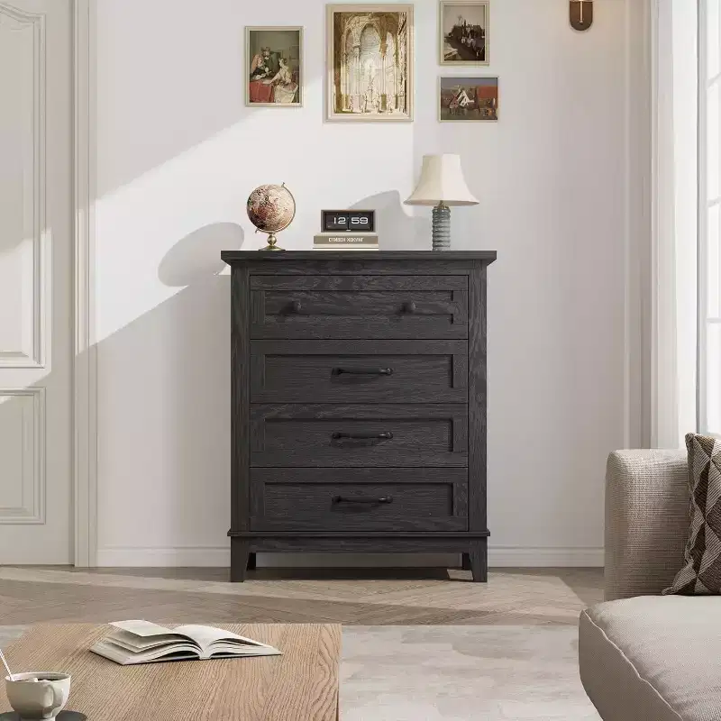 Bedroom Nightstand with 4 Drawer, 34.8in Vertical Dresser with Large Storage, Freestanding Wooden Closet Chest for Living Room Dining Room