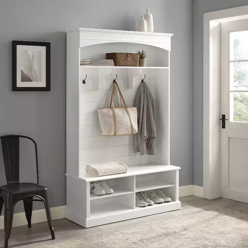 Bartlett Hall Tree White - Crosley: Bench Seat, Shoe Storage, 3 Double-Prong Hooks