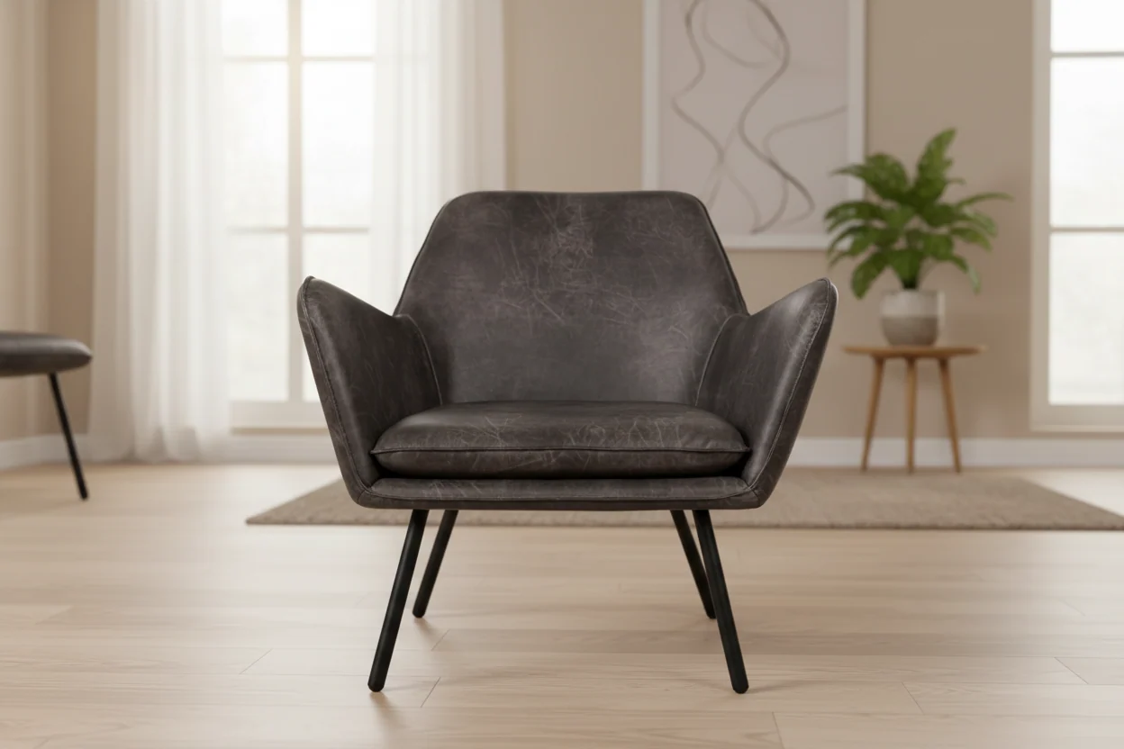 Vintage Gray Faux Leather Lounge Accent Chair with Iron Legs