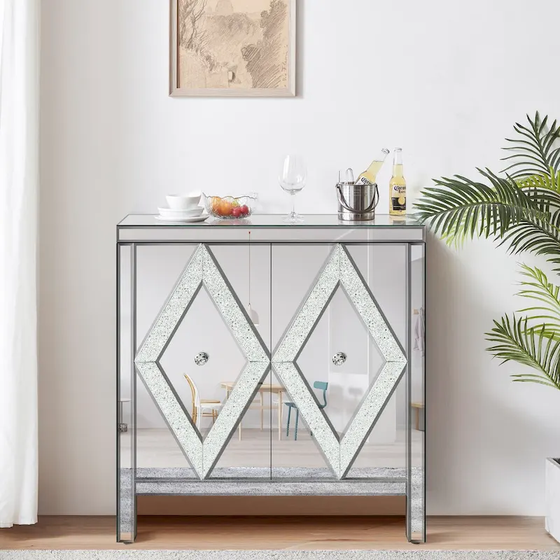 2-Door Storage Cabinet with Mirror Trim & Diamond Design – Silver / Grey, MDF, Crystal Handles