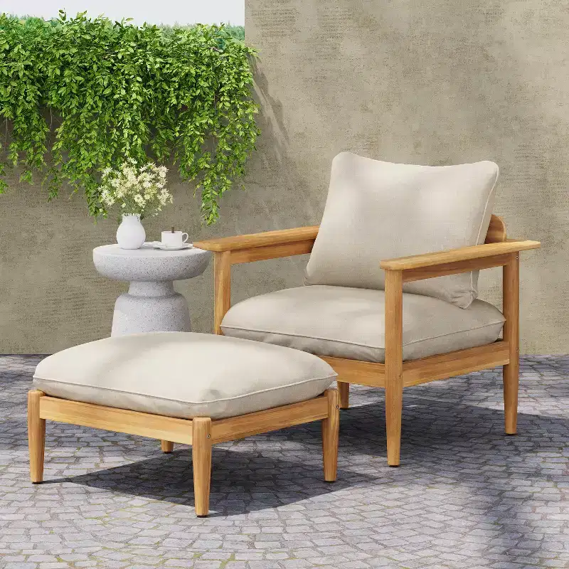 Christopher Knight Home Kate Patio Acacia Wood Club Chair and Ottoman Set with Water-Resistant Cushions
