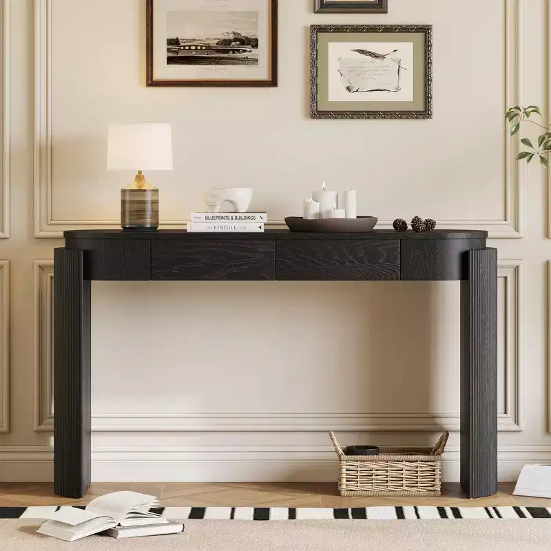 Oval-Top Console Table with Fluted Curved Legs & Dual Hidden Drawers