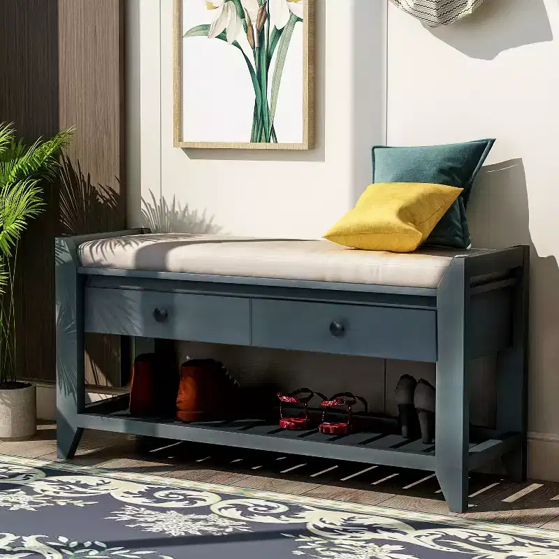 GDFStudio Judith Solid Wood Multipurpose Storage Bench With Cushioned Seat and Drawers