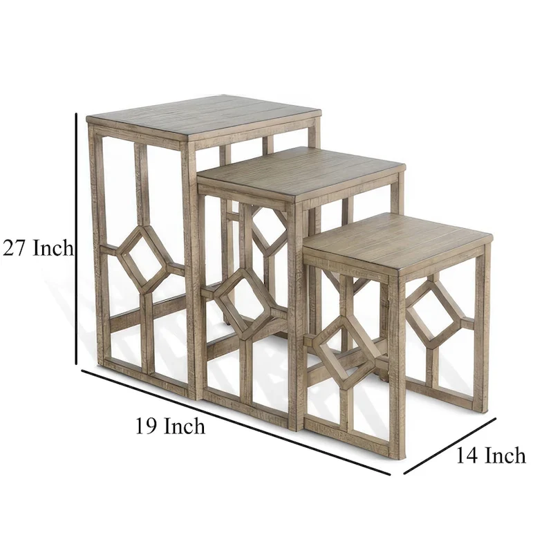 Rena 3 Piece Nesting Accent Table Set, Slatted, Light Brown Mahogany