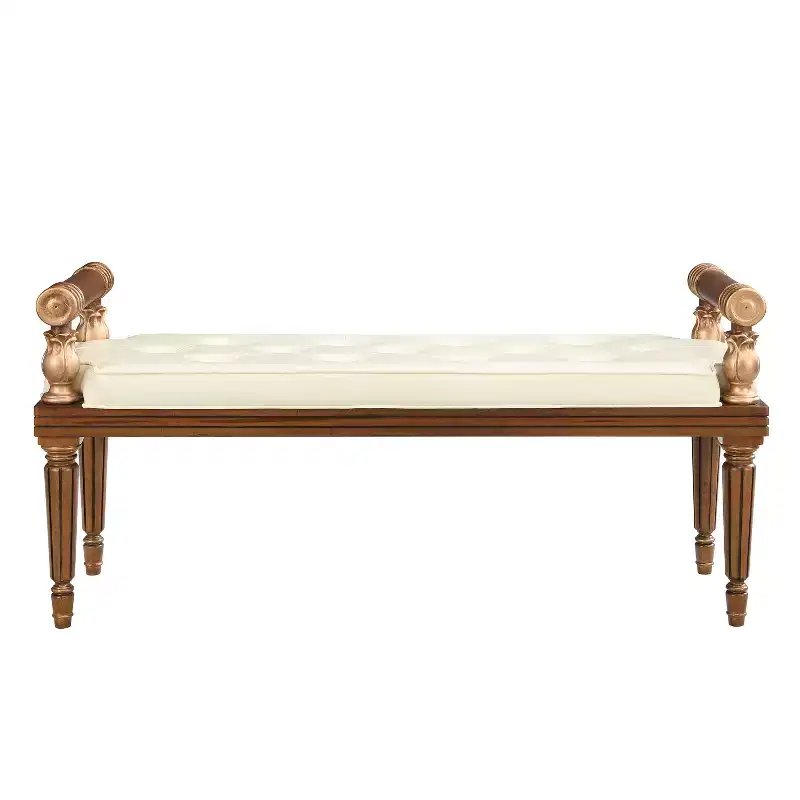 Mid-Century Modern Rubberwood Faux Leather Upholstered Button Tufted Bench