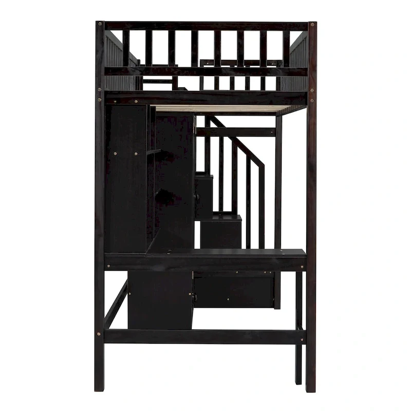 Twin Pine Loft Bed with Bookshelf, Drawers, Desk, Wardrobe, and Stairs