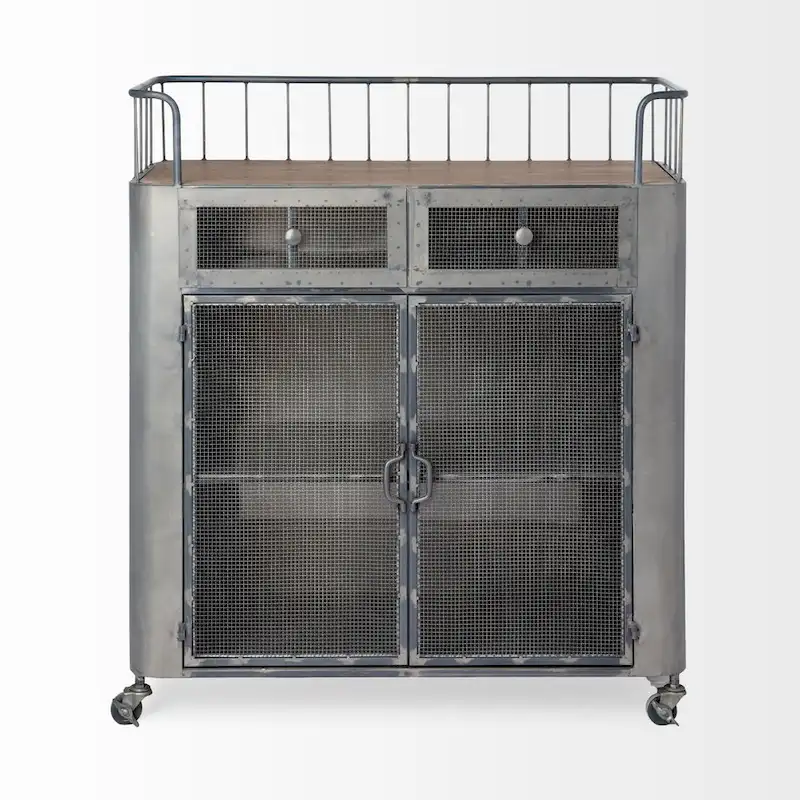 Udo Gray Metal & Brown Wood Top Bar Cart - 16.5L x 35.4W x 40.7H