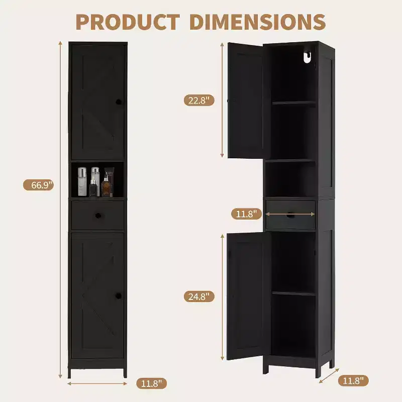 Tall Narrow Bathroom Storage Cabinet with 3 Door Cupboard, Adjustable Shelves, Open Shelf, Metal Handles and Hinges