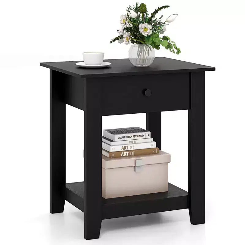 Costway 1/2 PCS Nightstand with Drawer 3-Tier Modern Bedside Table with Open Shelf Storage for Bedroom White/Black