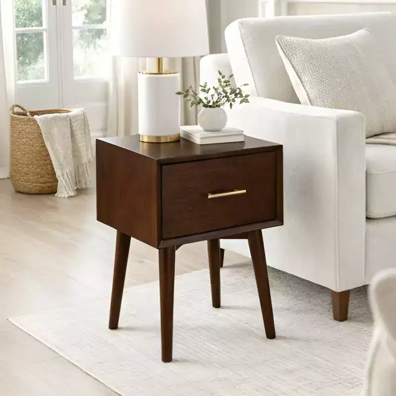 Mid-Century Modern Walnut End Table with Storage Drawer & Tapered Legs – Mahogany & Veneer