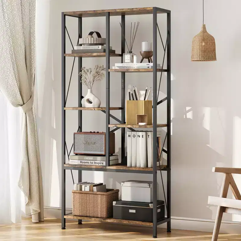 COZONY Industrial Split-Level Tall Bookcase, Vintage Metal Frame Open Display Racks for Living Room Bedroom Home Office