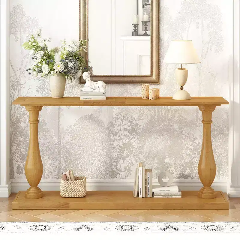 Okak 63IN Vintage Entryway Table with Pine Veneer, Console Table with Elegant Tapered Legs and Open Shelf, Hallway Table for Living Room, Natural