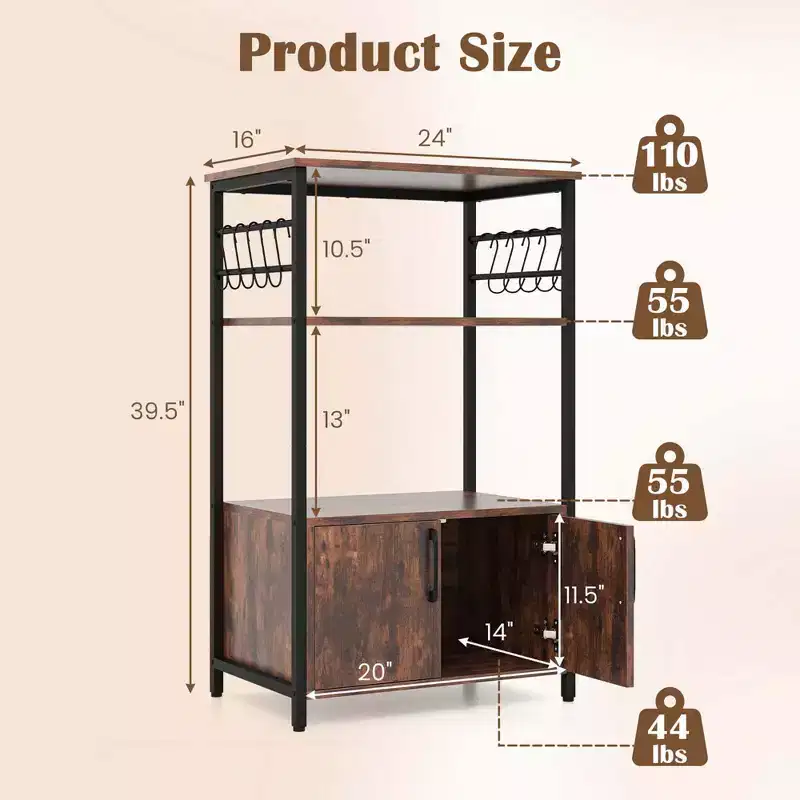 Costway 3-Tier Kitchen Bakers Rack with Cabinet 2 Open Shelves 10 S-Shaped Hooks