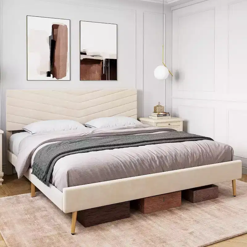 Acekool Velvet Upholstered Platform Bed Frame with Adjustable Headboard, Wood Slats, No Box Spring Needed, Easy Assembly, Noise-Free