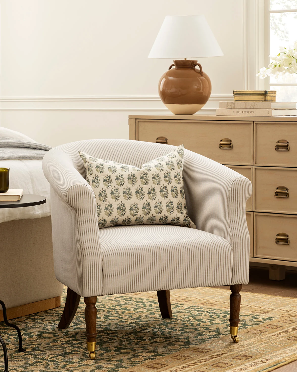 Traditional Upholstered Lounge Chair with Curved Elements & Designer Fabric for Living Room