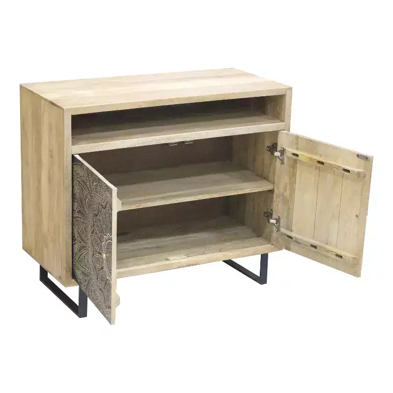 Bohemian Solid Mango Wood Accent Cabinet with Screen Printed Pattern, Natural Finish