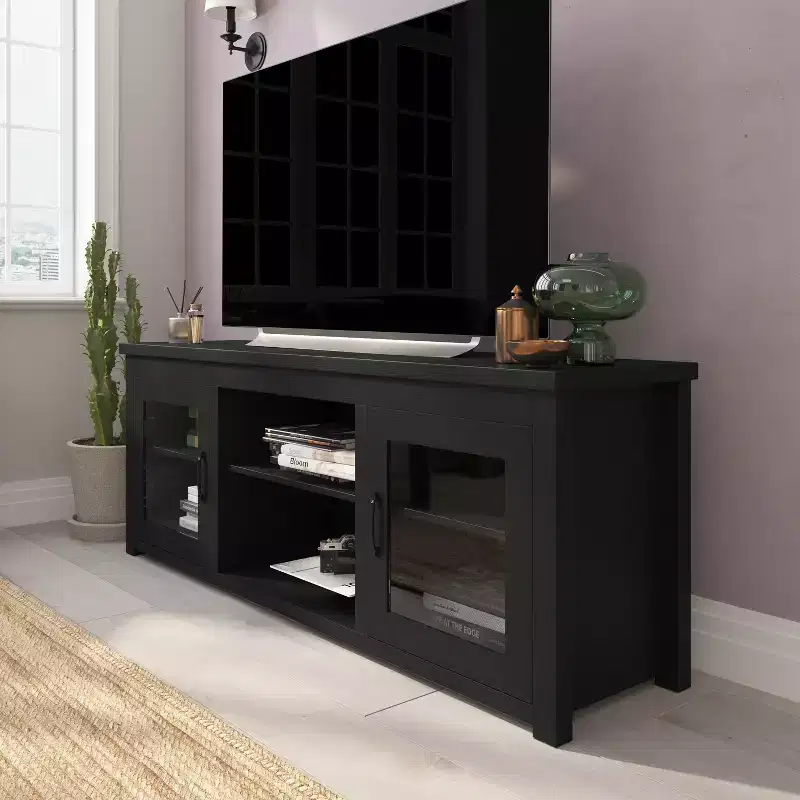 Emma and Oliver TV Stand for up to 80 TV's - 65 Media Console with Classic Full Glass Doors & 3 Adjustable Shelves
