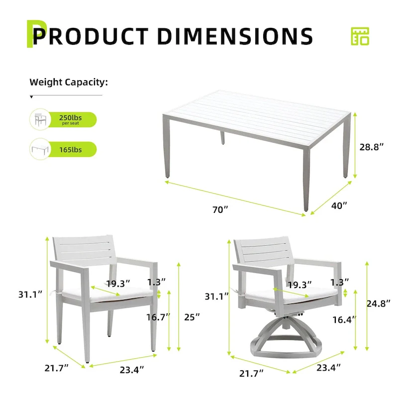 GDFStudio - Matte White & Grayish 7-Piece Patio Aluminum Dining Set with Sunbrella Cushions