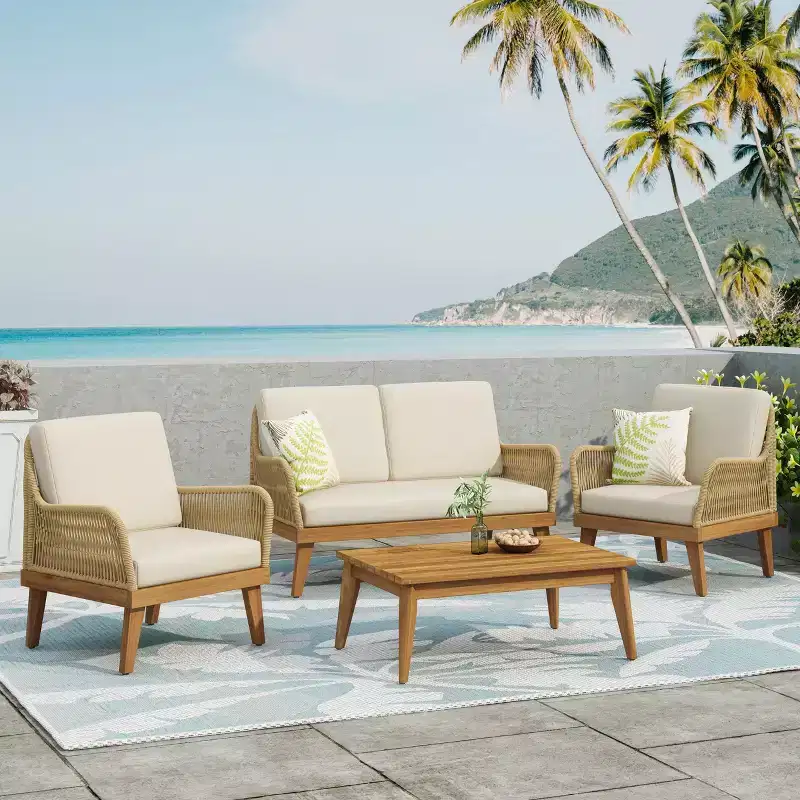 GDFStudio Hueber Outdoor Acacia Wood and Rope 4 Seater Chat Set with Cushions, Teak, Light Brown, and Beige