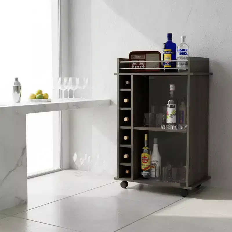 Wood Bar Cart with 2 Shelves and 6-Bottle Rack