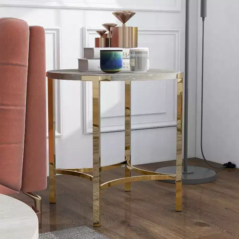 Modern Round End Table – Champagne Gold Legs & Faux Marble Top, 24x24 in