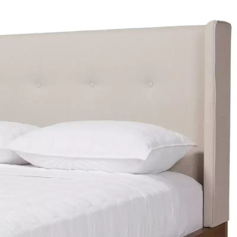 Mid-Century Modern Walnut Wood Fabric Upholstered Platform Bed, Beige