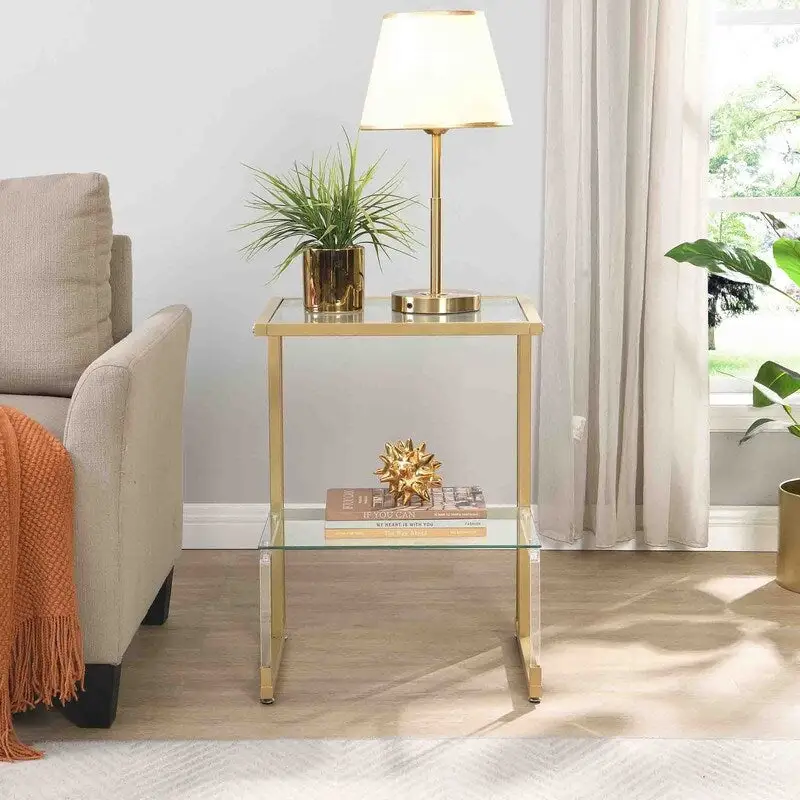 2-Tier End Table with Tempered Glass Shelves & Geometric Metal Frame