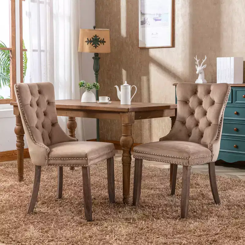 Harrington Collection Modern Tufted Velvet Dining Chairs, Solid Wood Legs with Nailhead Trim, Contemporary Upholstered Side Chair Set of 2, Khaki