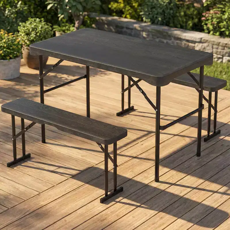 Gymax Folding Patio Picnic Table Set w/ 2 Benches & Metal Frame HDPE Surface for Camping & Backyard