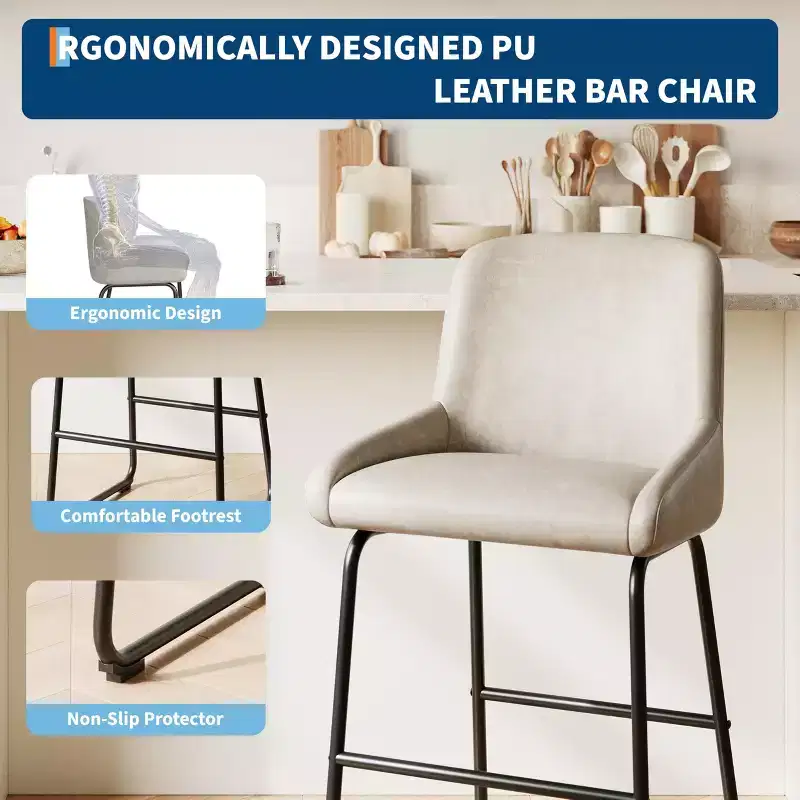 Bar Stools Set of 3, 24 Inch Counter Height Barstools with Back, Modern PU Leather Upholstered Bar Chairs