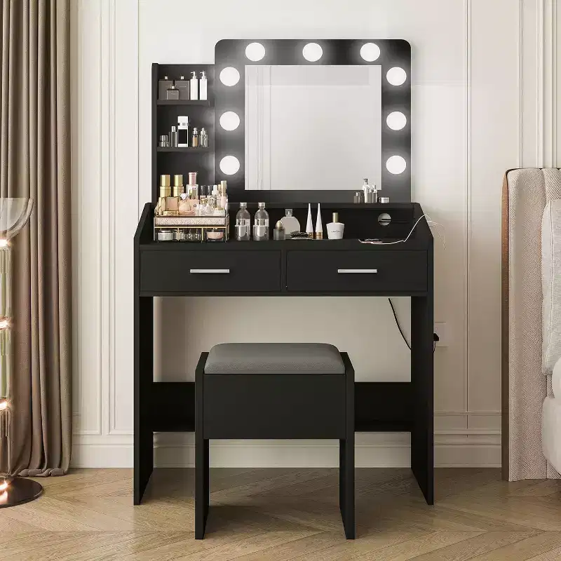 Vanity Desk with Mirror & Lights, Power Outlet, 3 Lighting Modes, 2 Drawers, Makeup Table for Bedroom