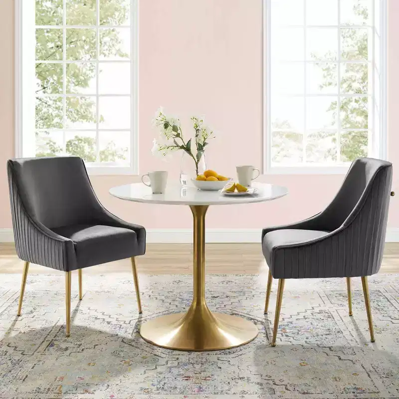 Set of 2 Pleated Back Upholstered Performance Velvet Dining Chairs, Brushed Gold Legs