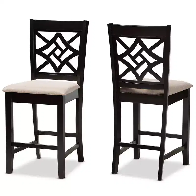 2pc Nicolette Wood Counter Height Barstool Set Sand/Brown - Baxton Studio: Elegant Cut-Out Back Design, Polyester Upholstery