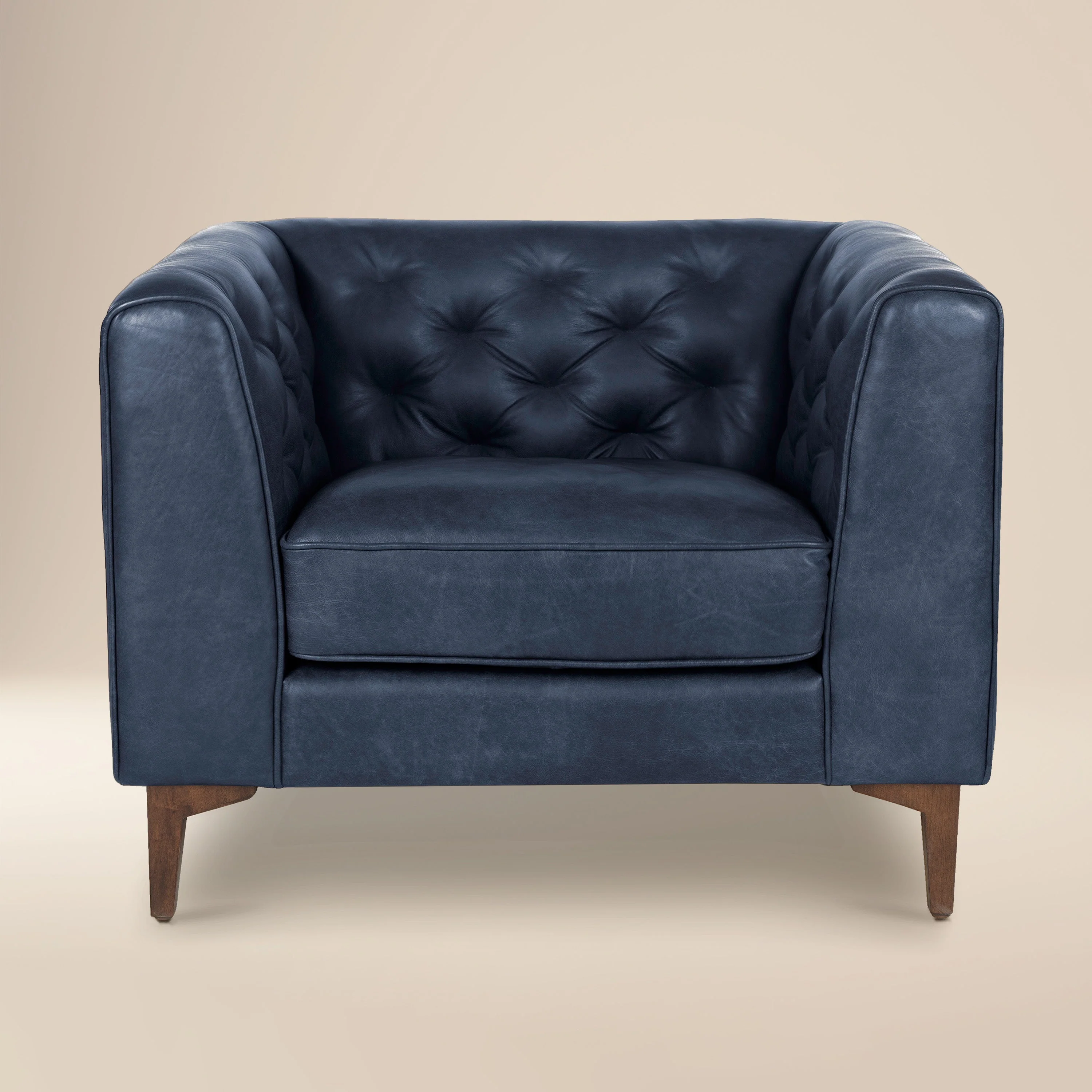 Modern Classic Midnight Blue Leather Lounge Chair with Tufted Back