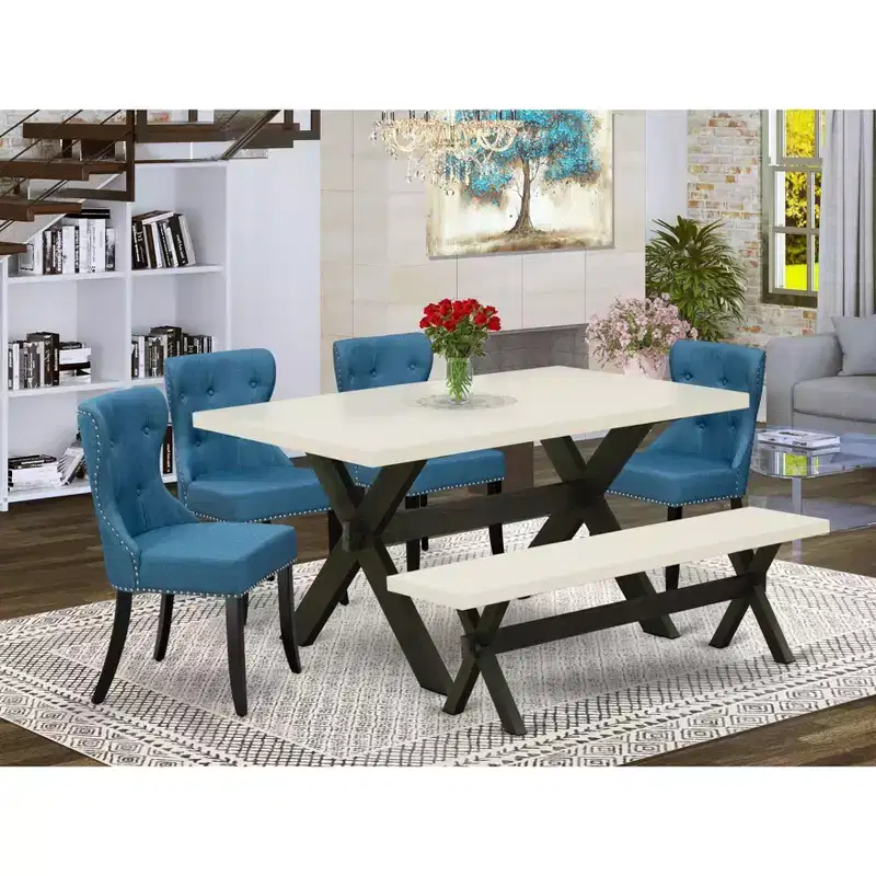 HomeStock Belmont 6-Piece Dining Table Set- 4 Dining Chairs with and Rectangular Top Dining Table and Dining Bench - Linen White and Black Finish