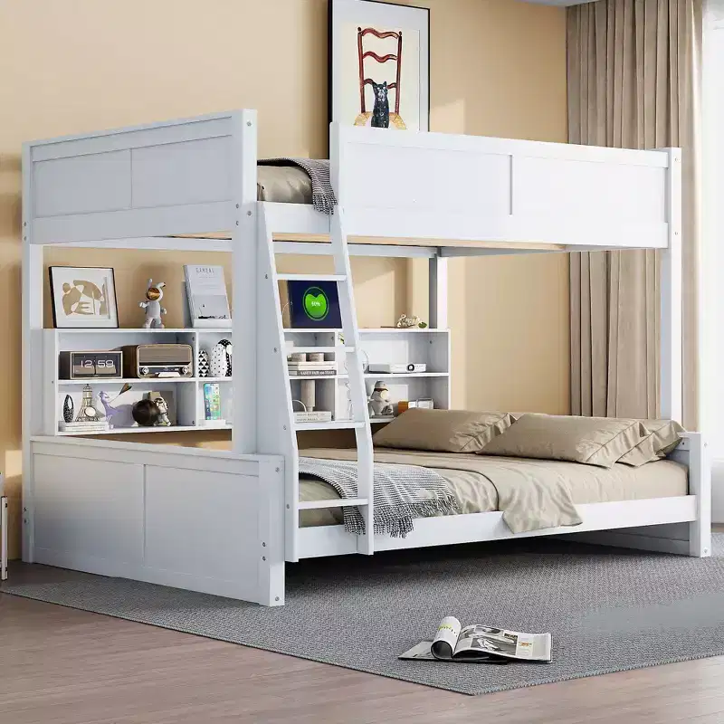 Twin XL/Full XL Over Queen Bunk Bed with Storage Cabinets and USB Ports, Sturdy Pine Wood Construction - ModernLuxe