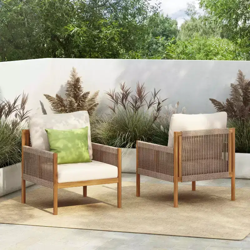 MAYEERTY Set of 2 Modern Outdoor Woven Lounge Chairs, Solid Wood Frame Comfortable Polyester Cushions Weather-Resistant, Patio Garden Balcony