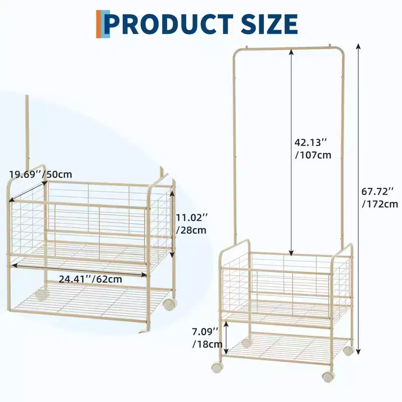 Laundry Cart, Metal 3-In-1 Rolling Hamper with Hanging Rack & Shelves - Space Saving Organizer for Apartment Bathroom